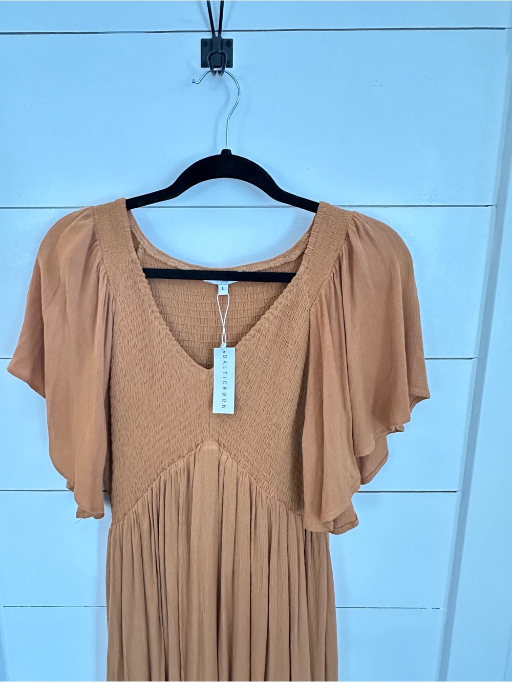 NEW L Baltic Born Felicity smocked flounce sleeve halter chest Carmel midi dress - Picture 5 of 16
